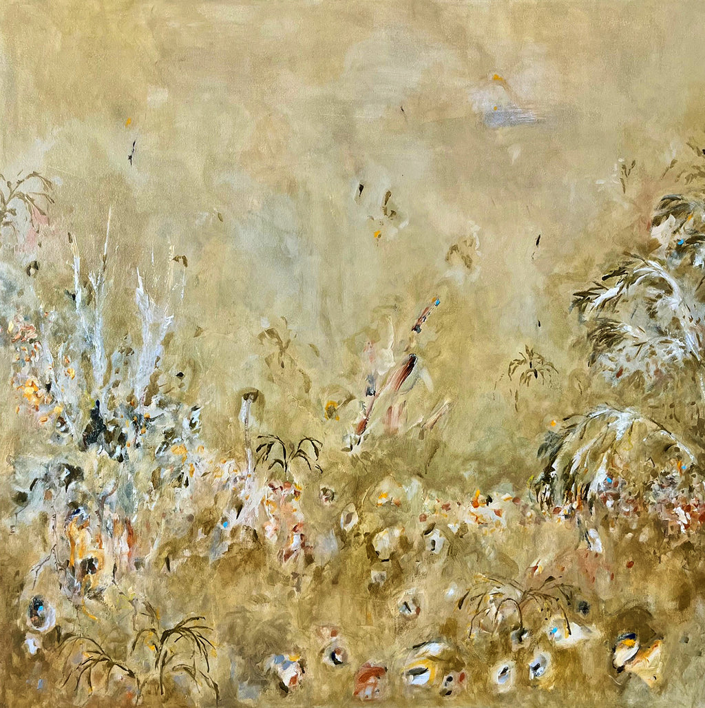 Among The Palms — original abstract landscape painting, 102×102cm, acrylic on canvas, green and earthy tones, Emma O'Connell Art