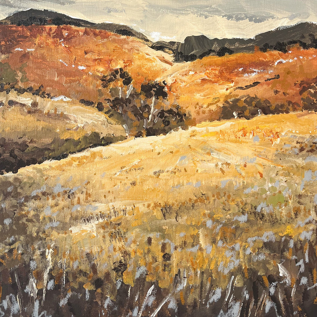 Autumn Glow — original abstract Australian landscape painting, 33x33cm, acrylic on canvas, warm amber and golden tones, Emma O'Connell Art