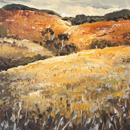 Autumn Glow — original abstract Australian landscape painting, 33x33cm, acrylic on canvas, warm amber and golden tones, Emma O'Connell Art