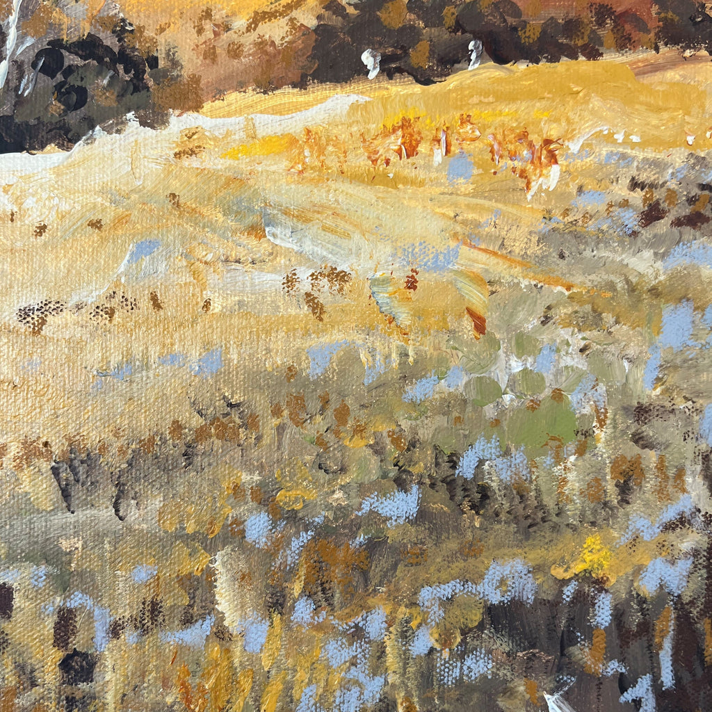 Close-up detail of Autumn Glow showing layered acrylic texture and golden amber brushwork