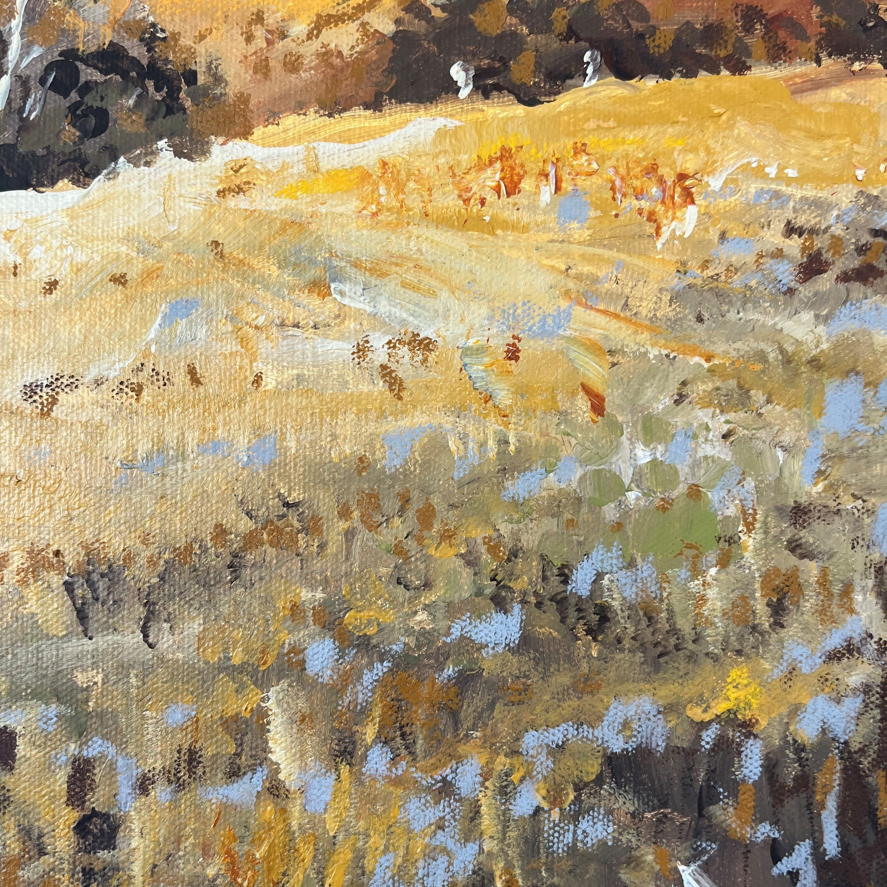 Close-up detail of Autumn Glow showing layered acrylic texture and golden amber brushwork