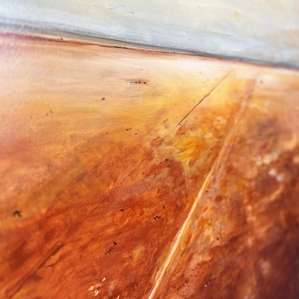 Close-up detail of Back Roads showing textured acrylic brushwork and warm ochre palette
