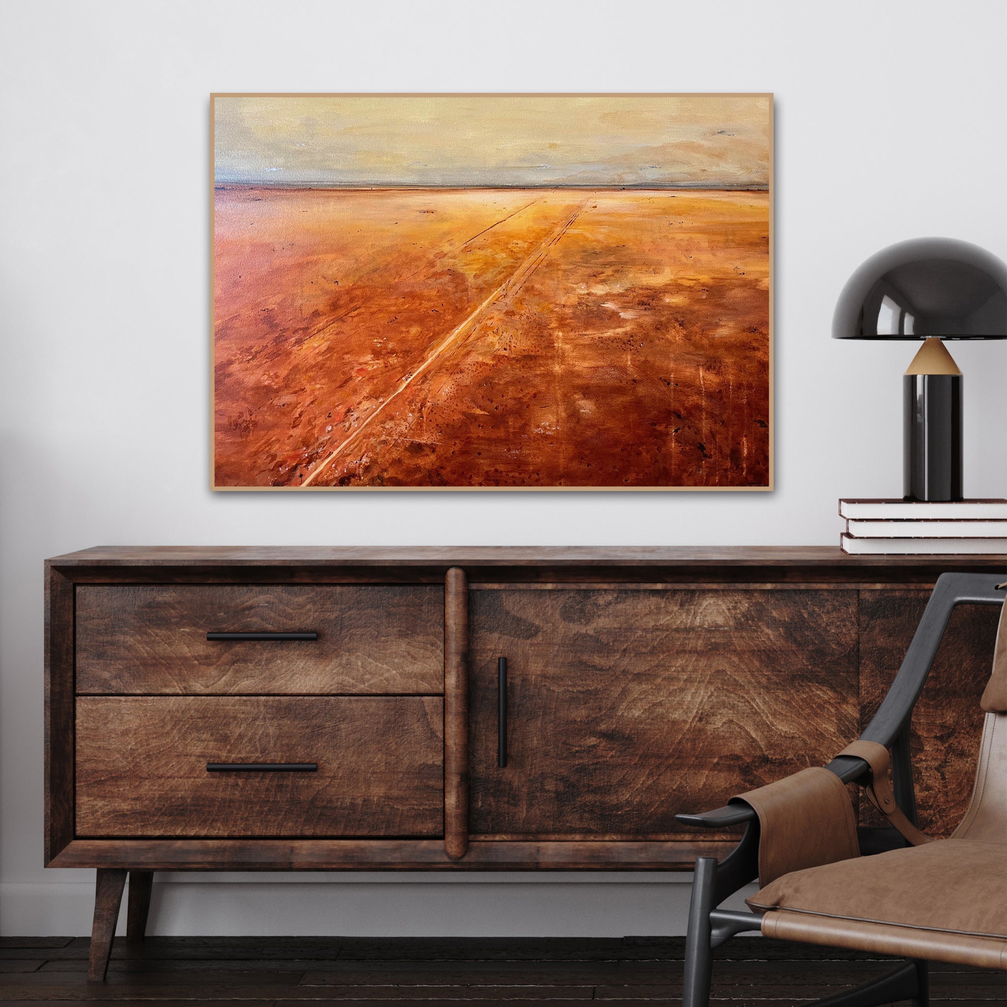 Back Roads abstract painting hung in a living room interior
