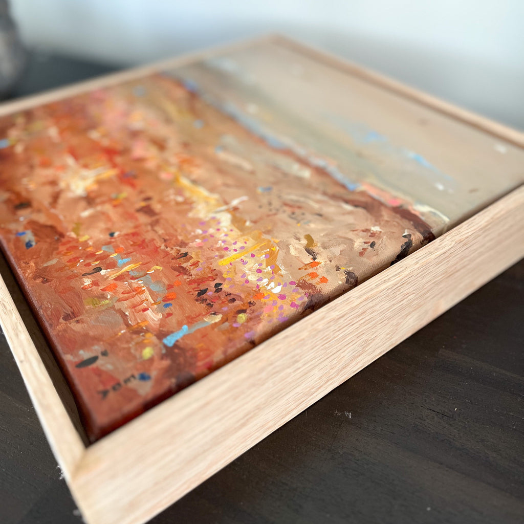 Close-up detail of Bounty showing textured acrylic layers and earthy palette