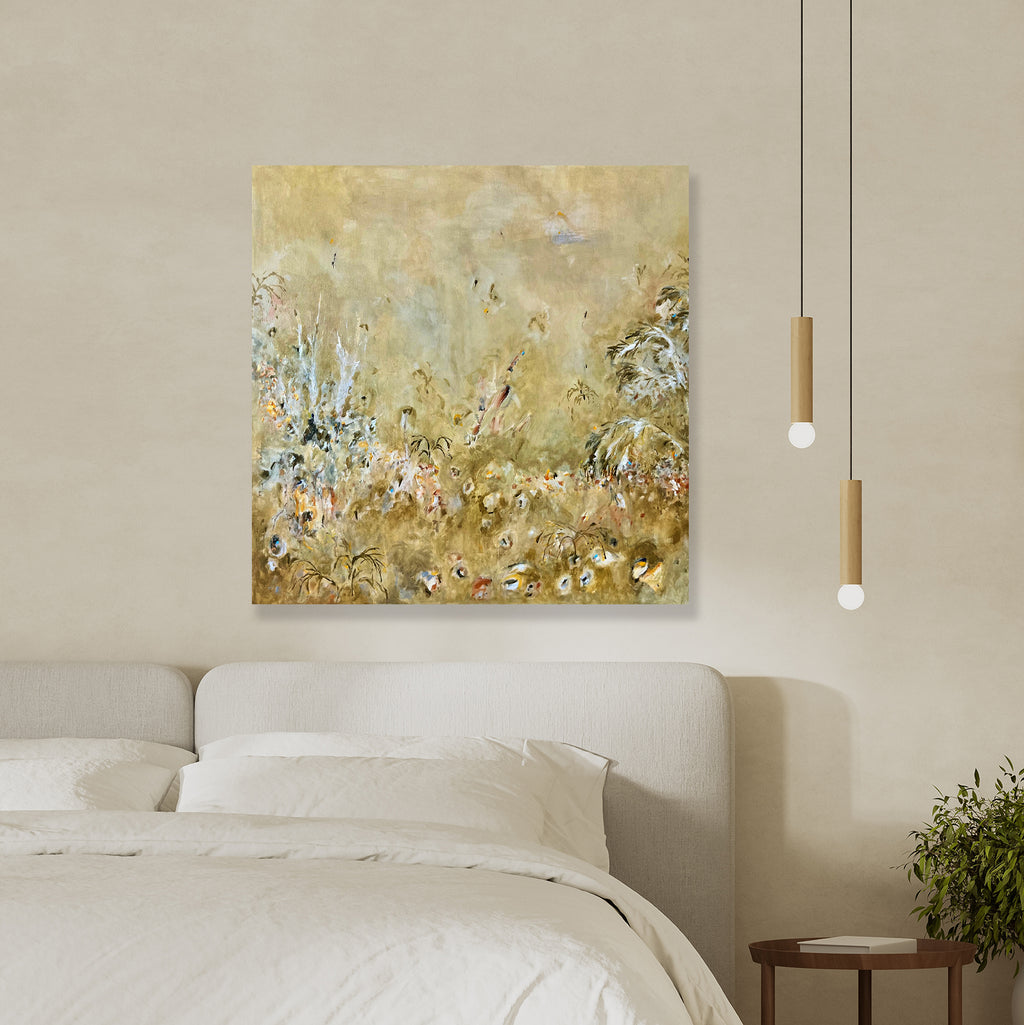 Among The Palms abstract painting displayed in a home interior