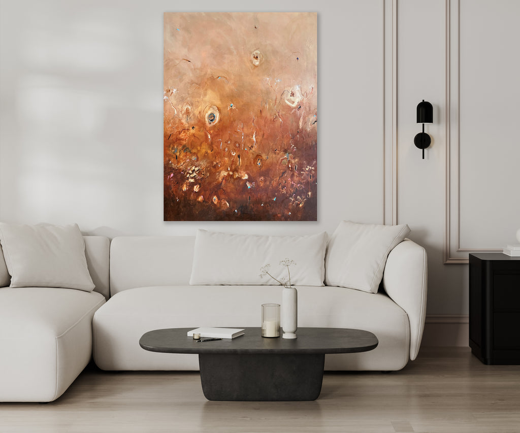 The Keeping of Distance abstract landscape painting shown in a home setting, demonstrating scale
